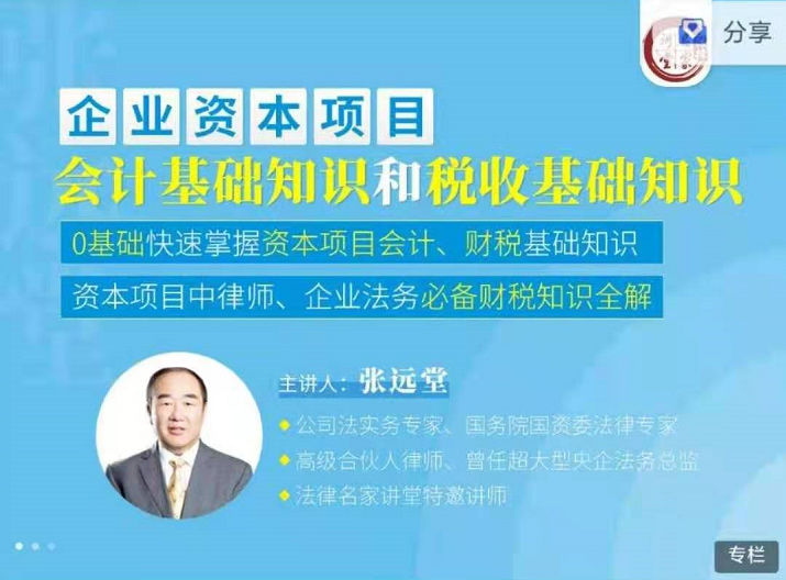 张远堂:企业资本项目会计基础知识和税收基础知识，价值199元